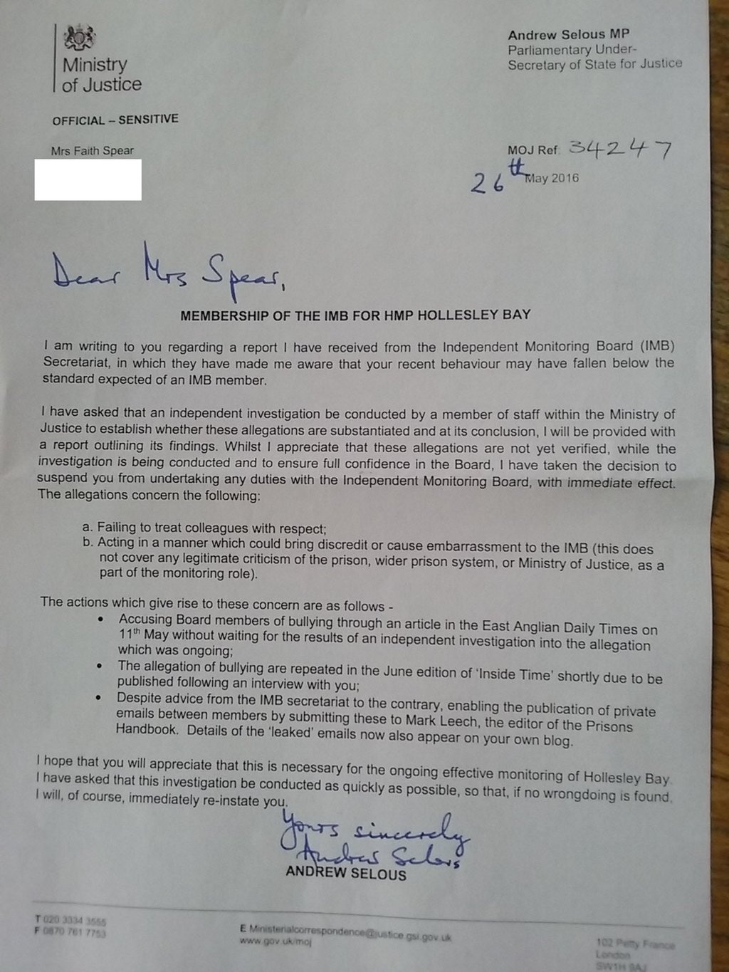 Letter Selous to Spear 26 May 2016